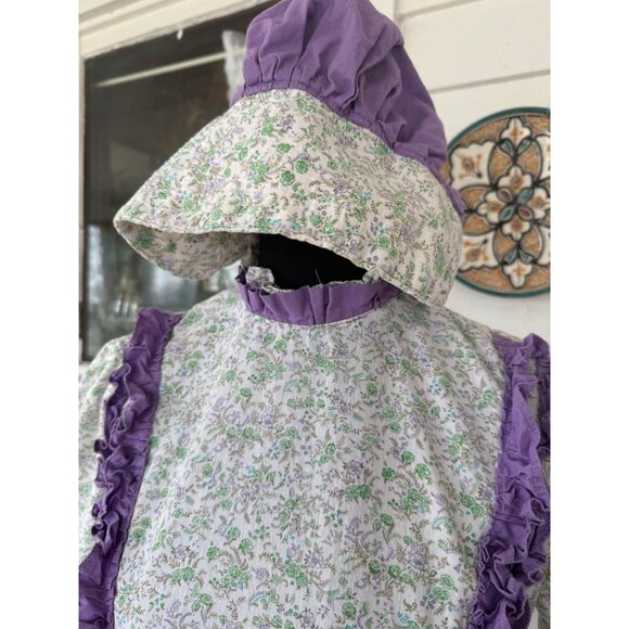 Vintage 70's Cotton Floral Purple Flower Dress With Matching Bonnet Sz M - Picture 14 of 16